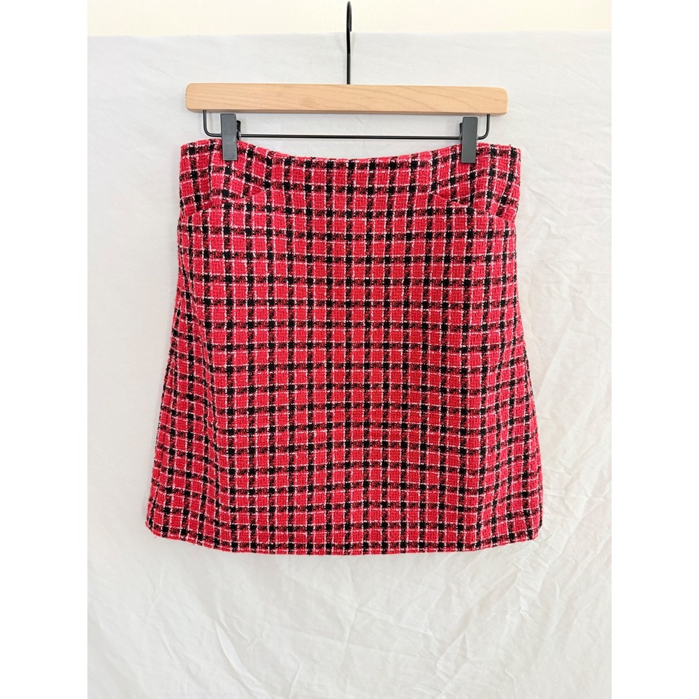 LOFT Mini Skirt Womens Red Plaid Tweed Boucle Textured Lined 4